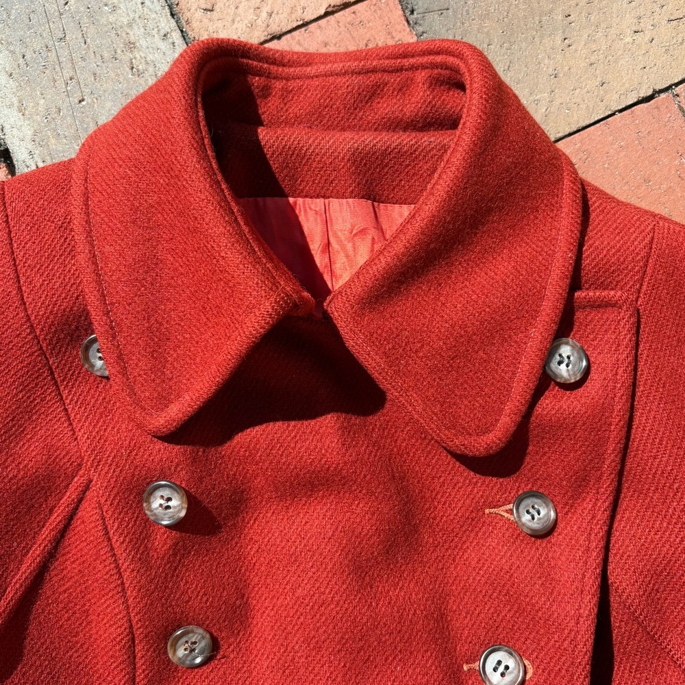 Vintage Scarlet Red Wool Vintage Coat Double-Breasted Ring Belt Academia Mod - Picture 1 of 15